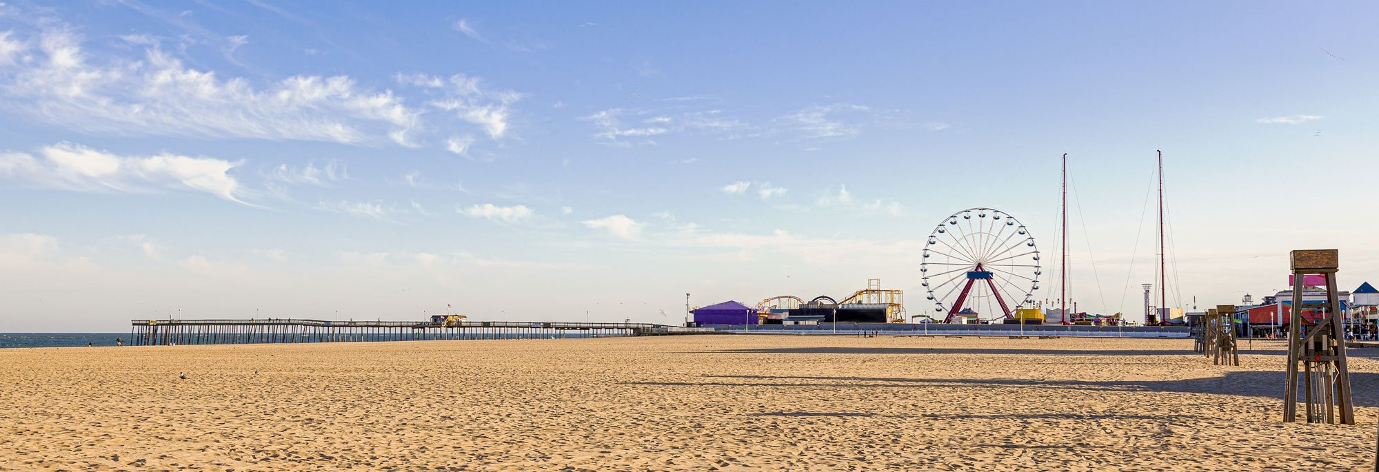 view from beach of OC Fishing Pier and Ferris Wheel